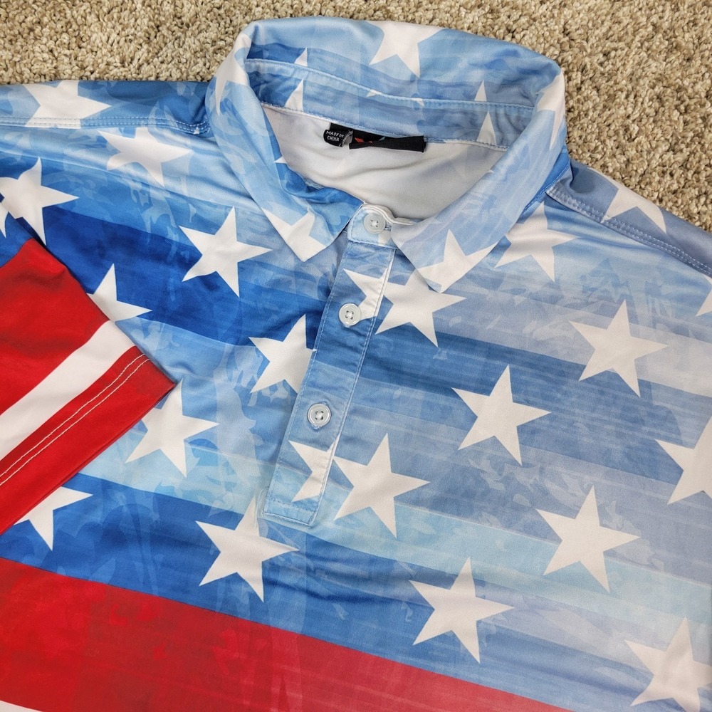 Yatta Golf Mens Medium Red White Blue AOP USA Flag Performance Stretch Polo SS‎